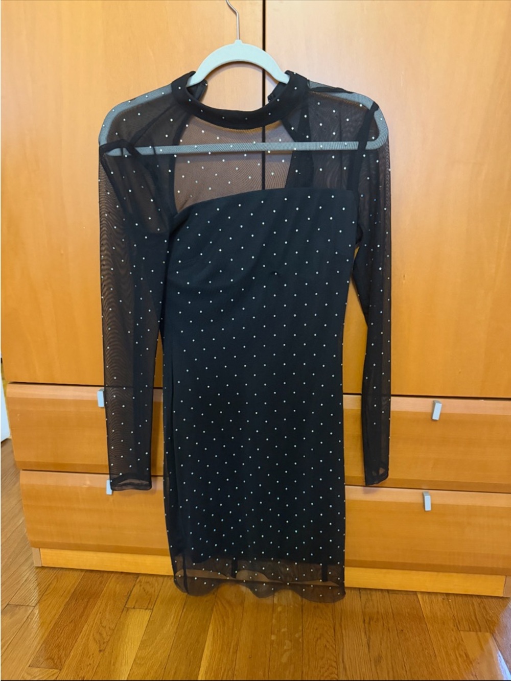 Sheer Long-Sleeve Black Mesh Party Dress with Rhinestones